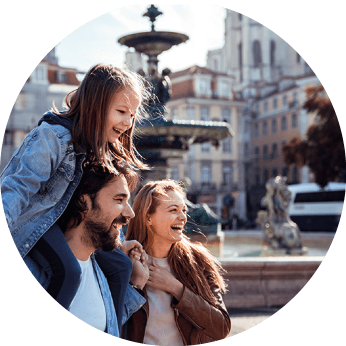 Close up of a young happy family exploring the Rossio Square