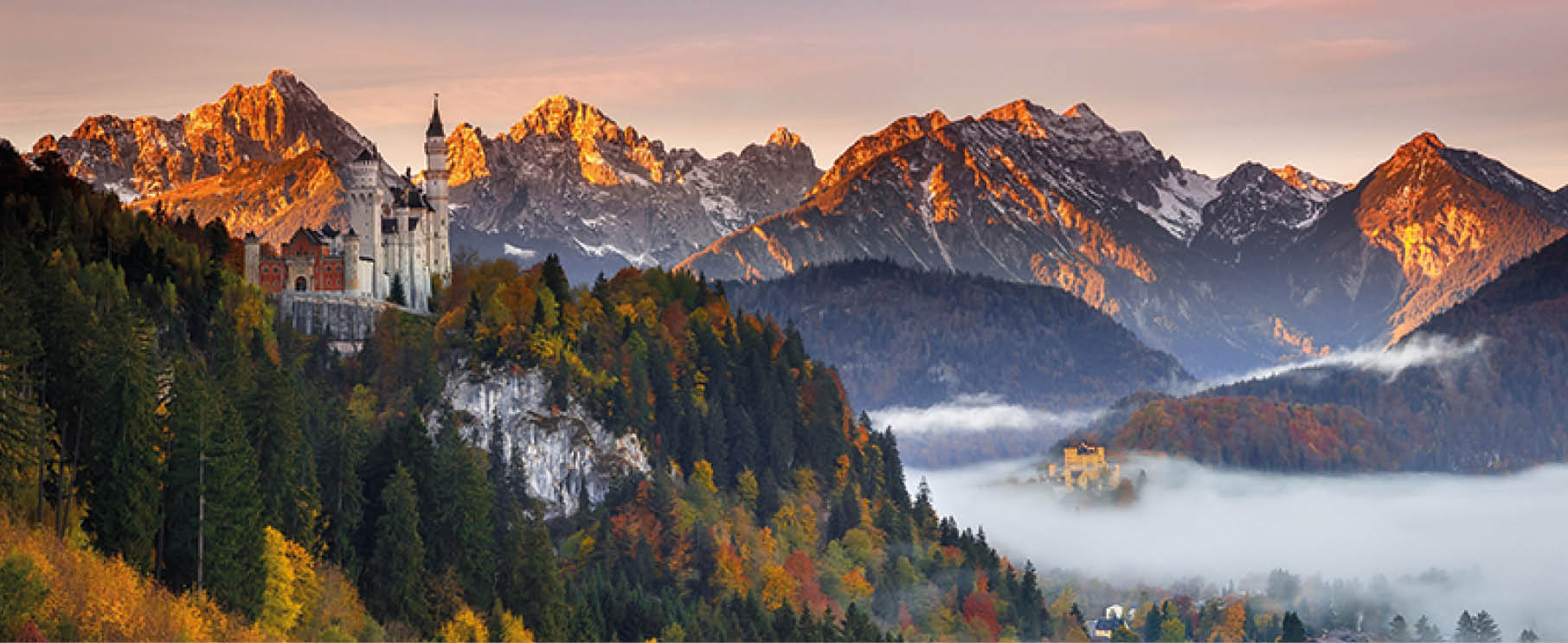 Wow, it was a crazy trip to the Alps  1200km within 27 Hours without sleep   My first destination for the sunrise was actually the Geroldsee in Bavaria  The castle Neuschwanstein was on my way, so I wanted to take a look on it  Well, I didn't see much first because the castle will not being illuminated in the night  But then I saw some low fog patches in that area and decided to wait here for the sunrise - and that decision has more than paid off  Great point of view, autumn foliage, fog and alpenglow in the background - it could hardly be better 
