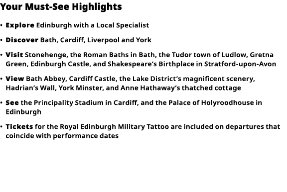 Your Must-See Highlights     Explore  Edinburgh with a Local Specialist      Discover  Bath, Cardiff, Liverpool and Y   