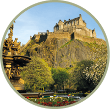 A view of the iconic Edinburgh Castle, looking up from Princess Street gardens with the Ross fountain in the foreground  XL image size 