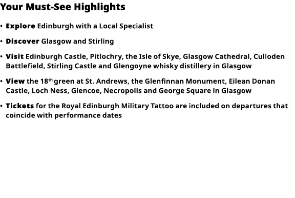 Your Must-See Highlights     Explore  Edinburgh with a Local Specialist      Discover  Glasgow and Stirling      Visi   