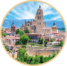 Segovia old town cityscape and Segovia cathedral, Spain