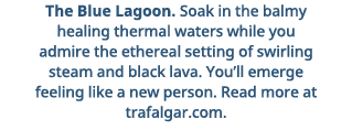 The Blue Lagoon  Soak in the balmy healing thermal waters while you admire the ethereal setting of swirling steam and   