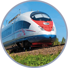 2ABRJ08 LENINGRAD REGION, RUSSIA - AUGUST 10, 2019: The head car of the moving modern high-speed train EVS1-13 Sapsan close-up on a sunny august day  Train mo